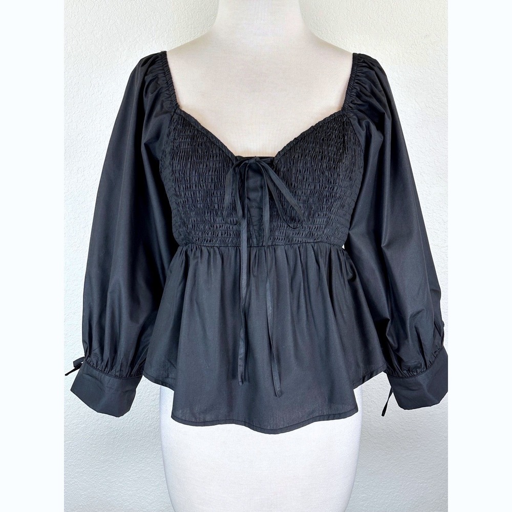 En Saison Amaya Blouse Black Smocked Peplum Puff Sleeve Milkmaid Bow Top M NWT